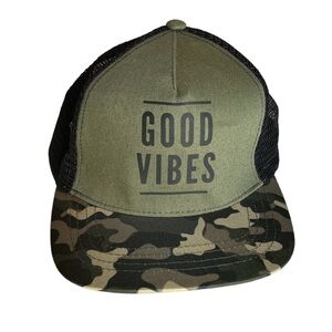 Good Vibes Hat‎ in Camo, Adjustable Snap Fit Strap. Worn once. Cross posted!